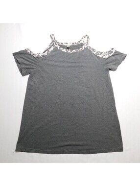 GRECERELLE Womens Medium Gray Cold Shoulder Top Leopard Animal Print Trim Shirt